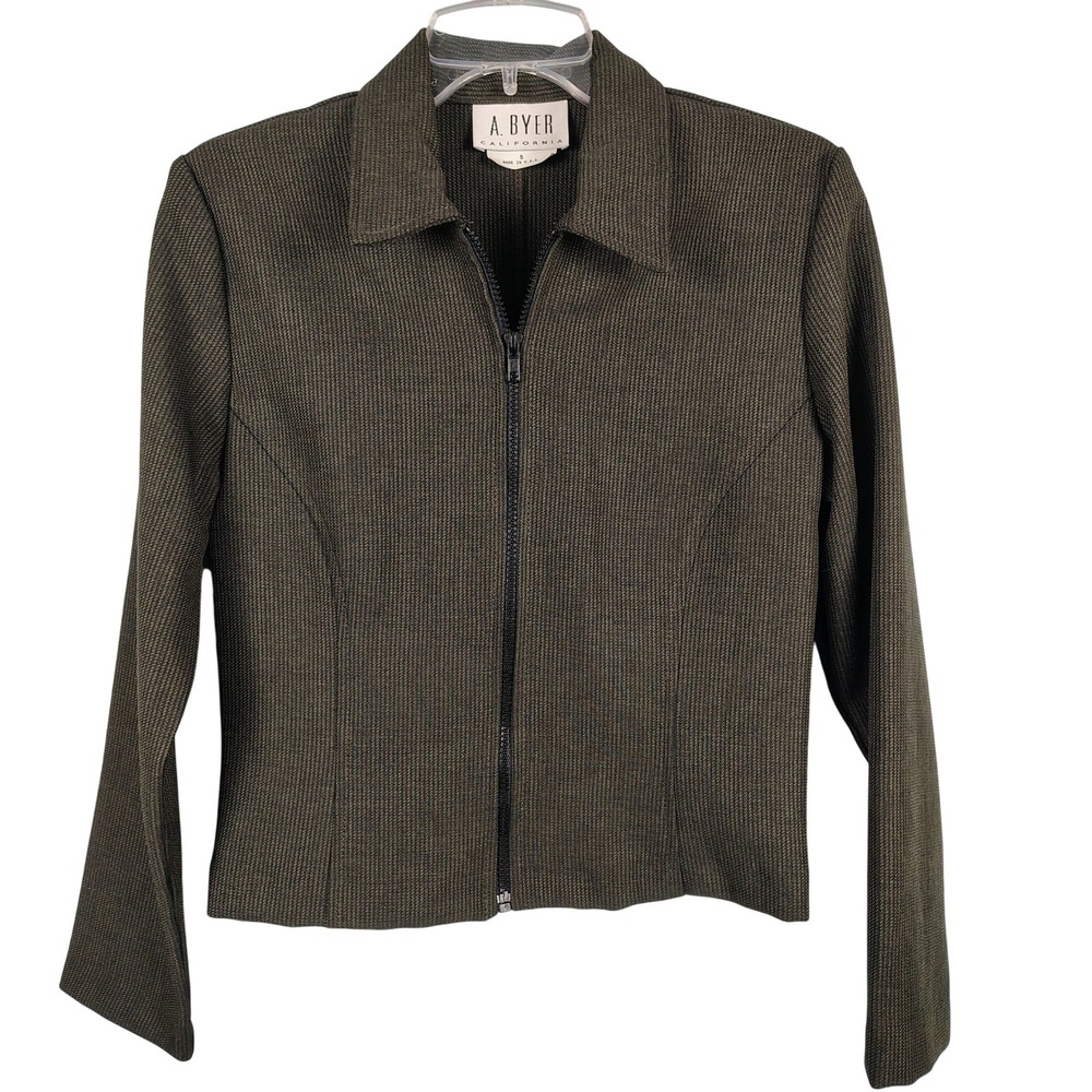 A. Byer Womens S Zip Up Jacket Olive Green Textured Gorpcore Officecore Y2K